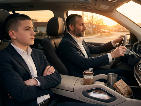 An Orthodox Jewish teenage boy in a yeshiva bochur style sitting silently with arms crossed inside a car, looking away from his father.