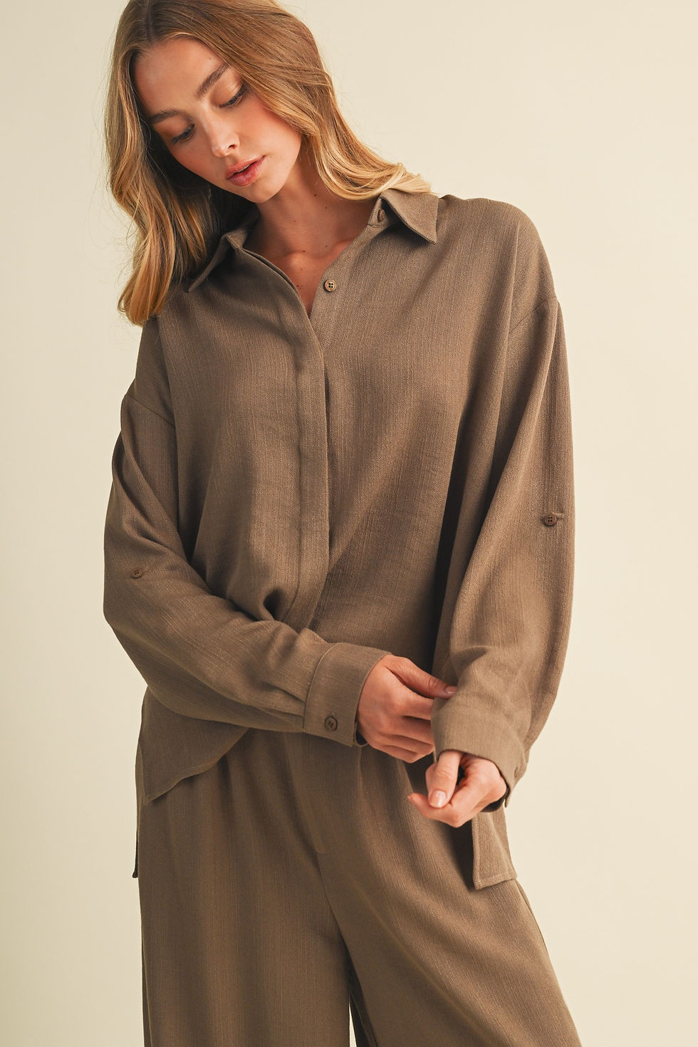 Thumbnail: Dusty Wood Roll Tab Blouse
