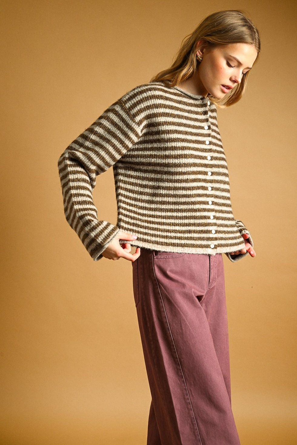 Thumbnail: Almond Oat Striped Cardigan