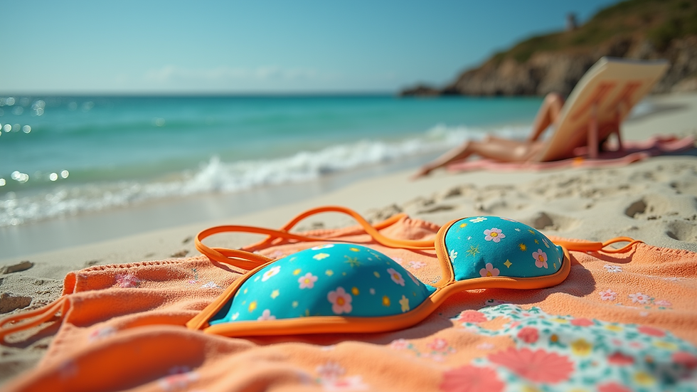 Eye-level view of a colourful bikini set on a beach towel