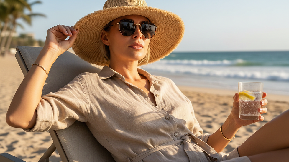Close-up view of a beige linen shirt dress styled with a straw hat and sunglasses on a beach chair