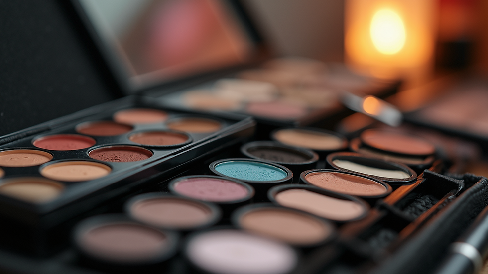 Eye-level view of a makeup artist’s kit with brushes and cosmetics
