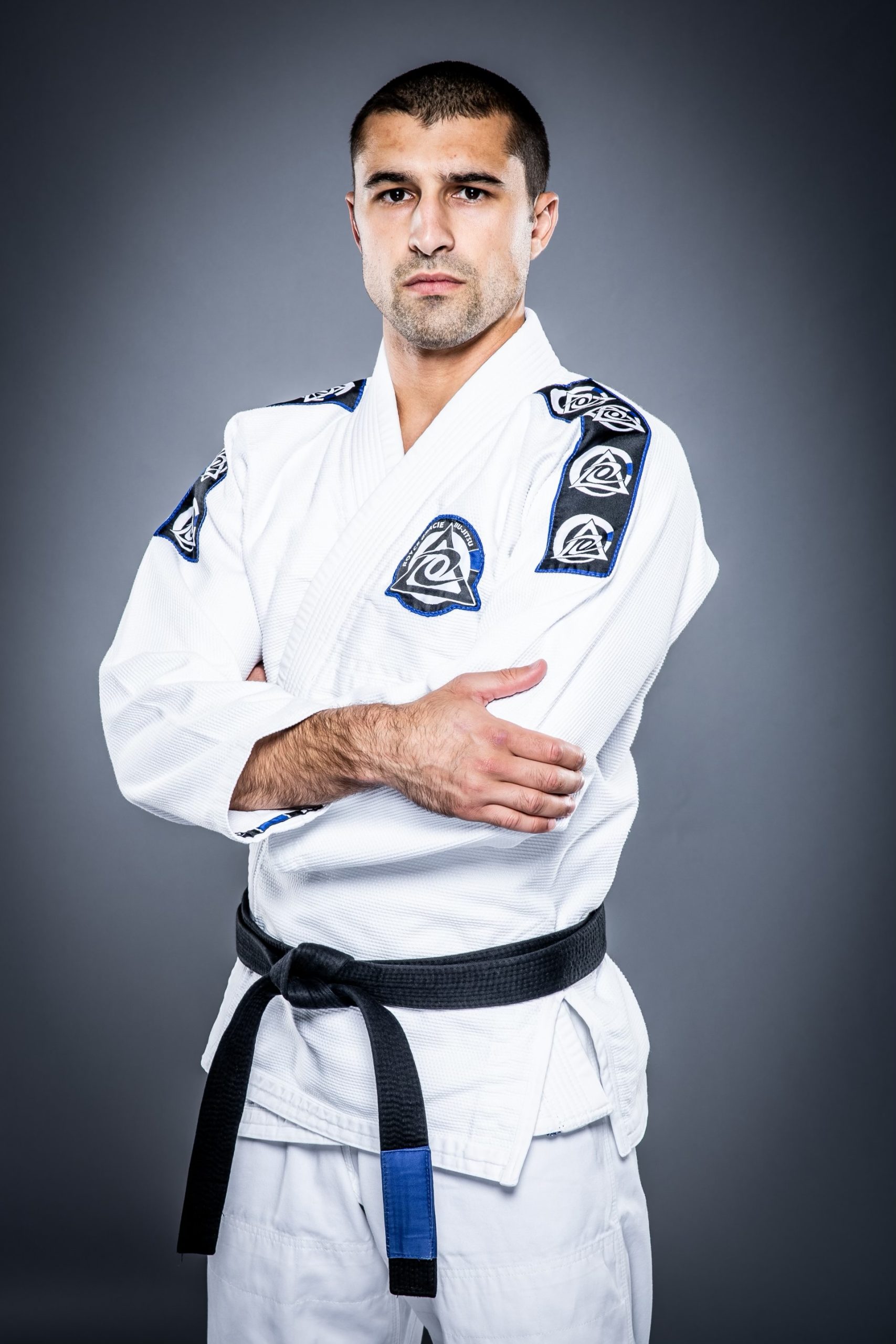 A black belt with the Royce Gracie "Blue Bar"