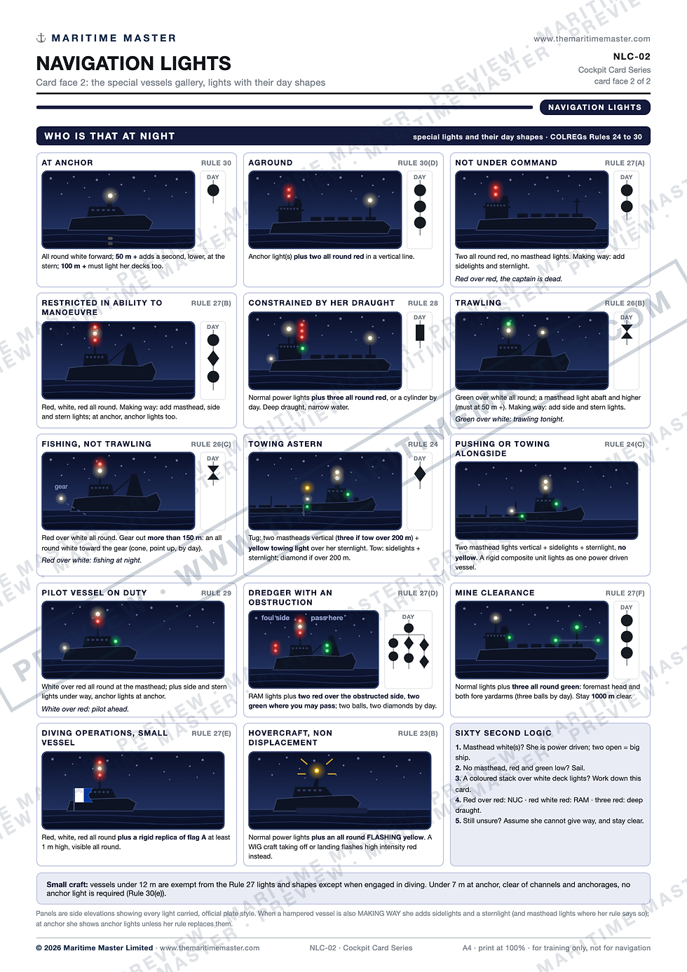 Night vessel identification gallery with glowing navigation lights and day shapes per vessel
