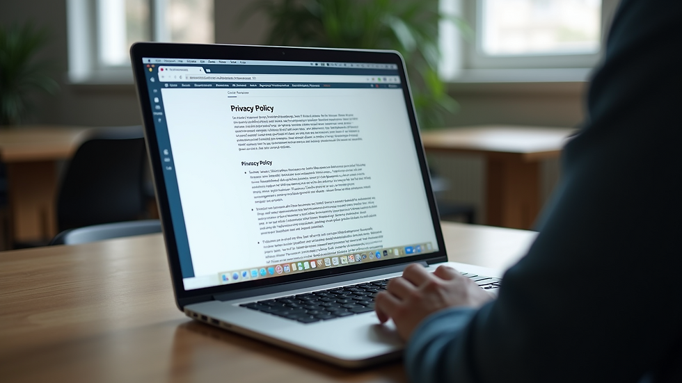 Eye-level view of a laptop screen showing a privacy policy document