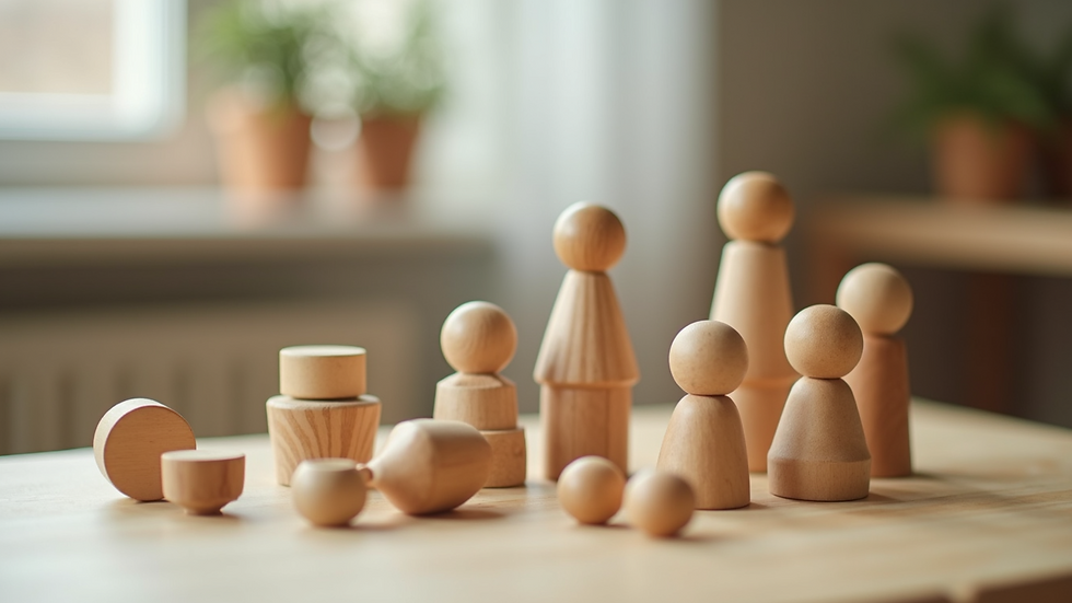 Close-up of wooden Montessori educational toys on a table