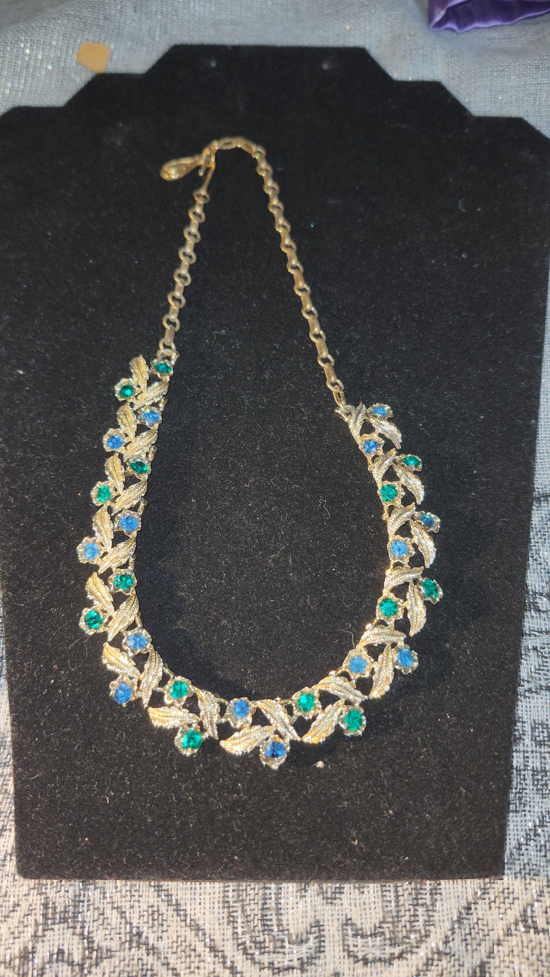 Vintage Coro Signed Blue & Green Crystal Leaf Choker Necklace