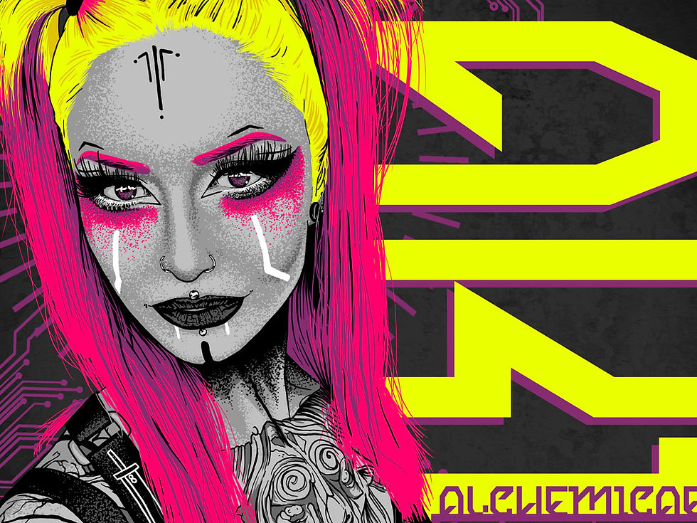 Drawing of Aki Alchemicae in a striking post-apocalyptic gothic outfit, blending dark fantasy elements with intricate makeup and layered fashion details.