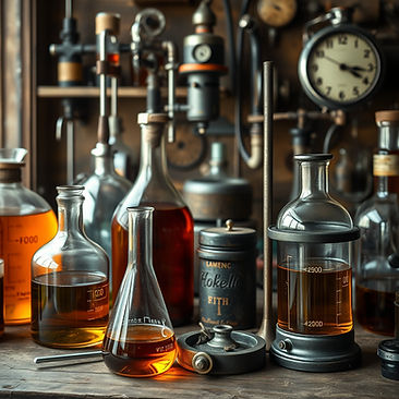 Rustic Lab scene with vintage equipment and beakers with assorted shades of amber liquid.j