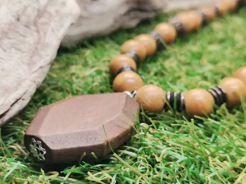 Miniature : Collier sautoir avec perles en bois et perles en bronze