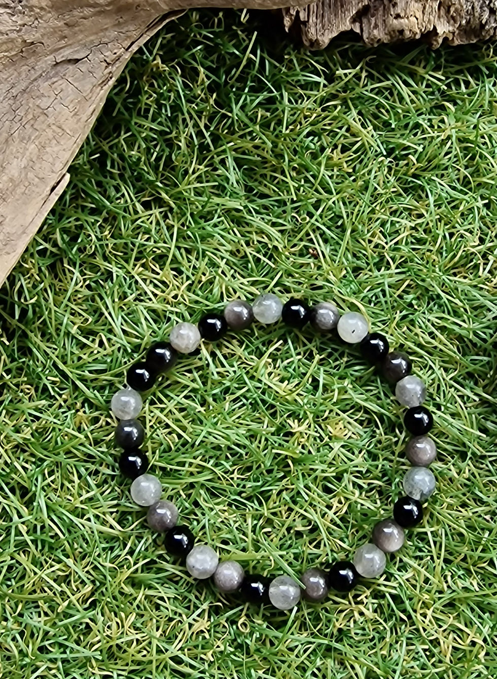 Miniature : Bracelet avec pierres de labradorite, obsidienne et onyx