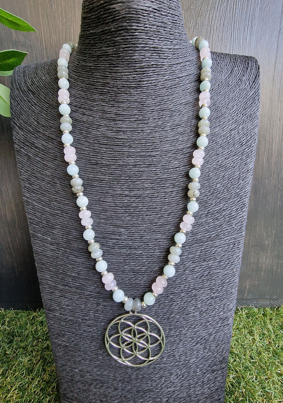Miniature : Collier sautoir en pierres naturelles bleu-rose-gris
