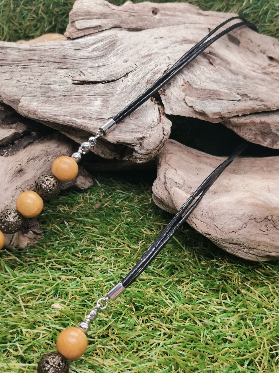 Miniature : Collier sautoir avec perles en bois et perles en bronze