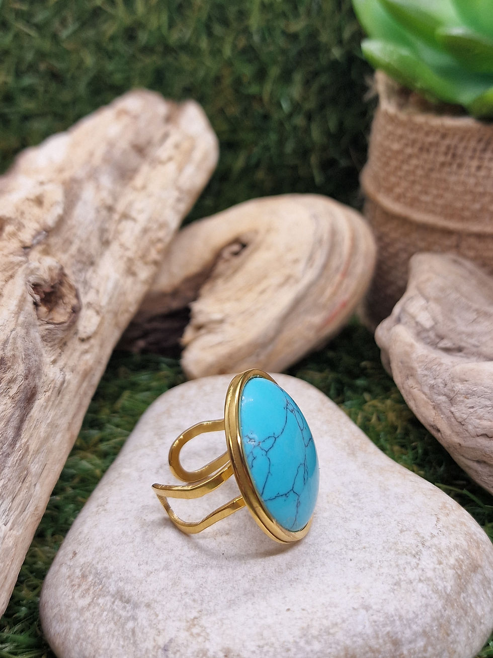 Miniature : Bague dorée avec pierre de magnésite turquoise 25mm