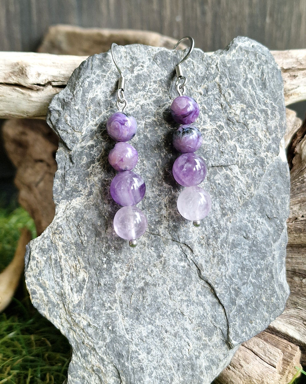 Miniature : Boucles d'oreilles avec pierres d'améthyste et charoïte