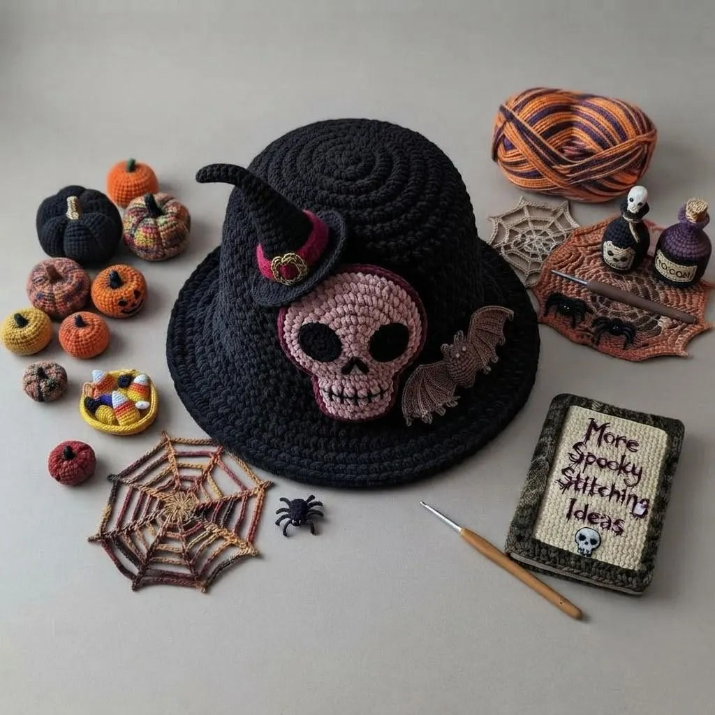 Crochet Skull Bucket Hat Pattern PDF, Halloween Witch Hat Tutorial, Gothic Hat