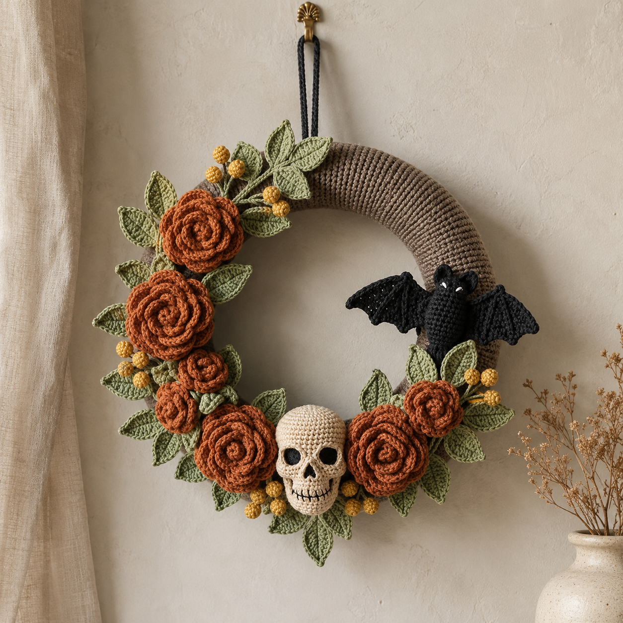 Gothic Skull Bat Rose Crochet Wreath Pattern, Halloween Door Decor PDF Download