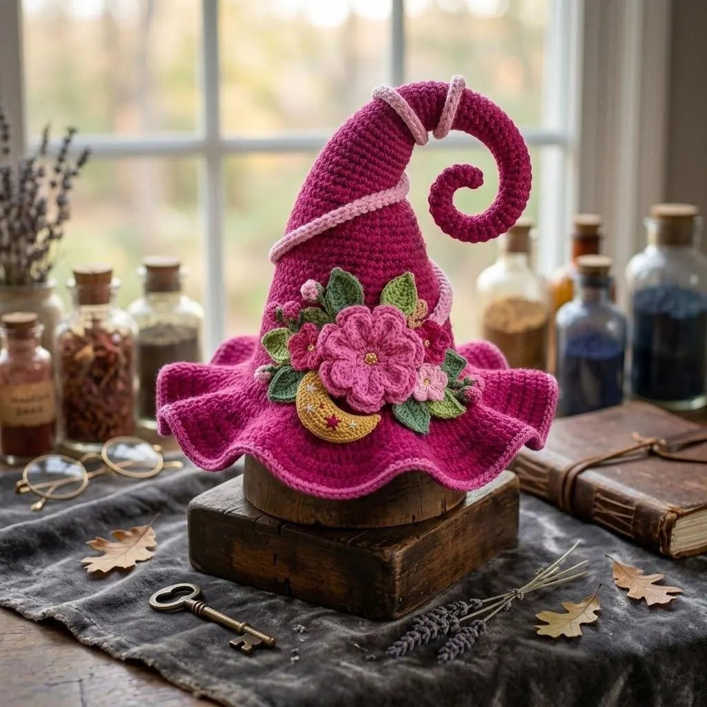 Crochet Witch Hat Pattern, Curled Brim Halloween Hat, Floral Fantasy Costume, Cr
