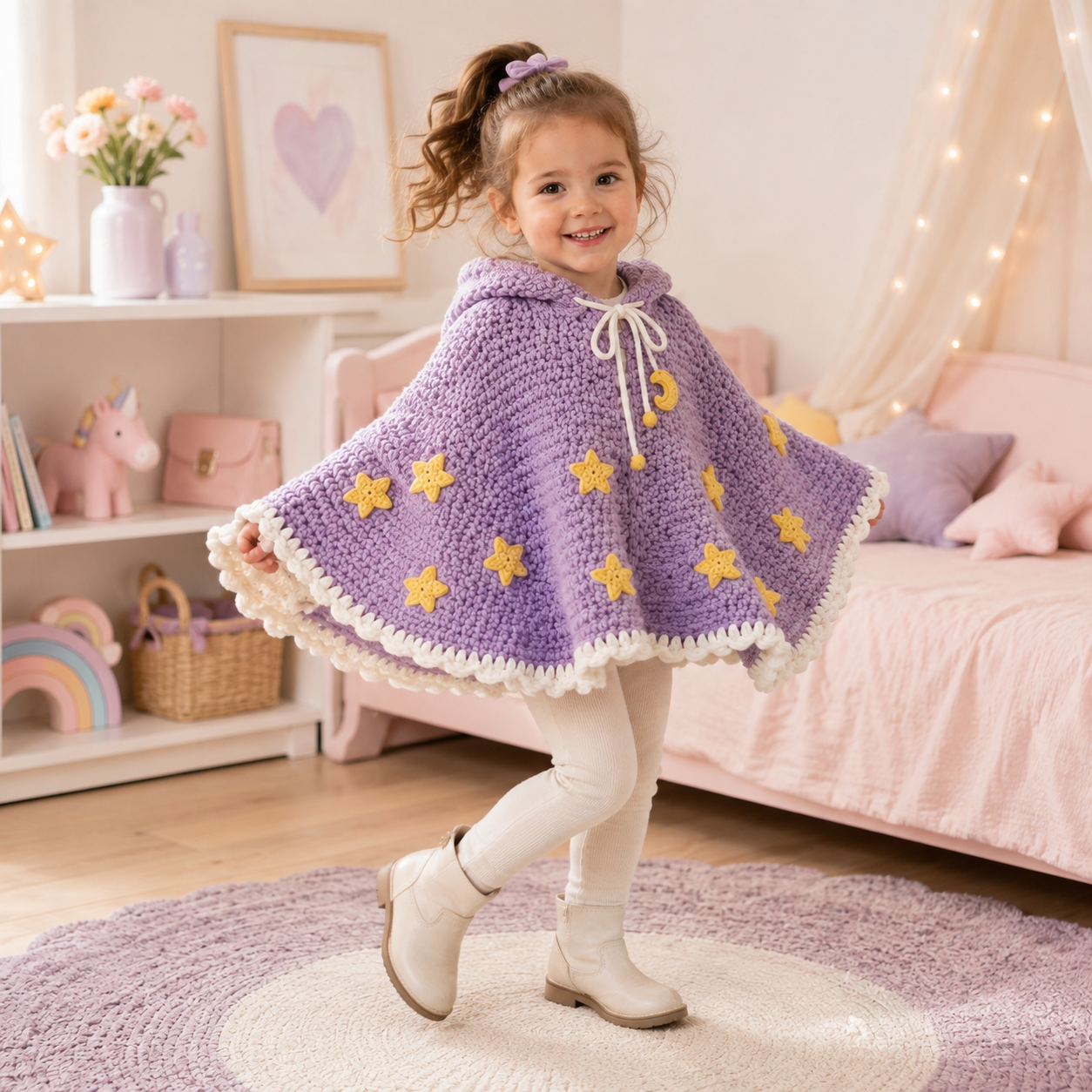 Kids Hooded Crochet Cape Pattern, Moon and Stars Poncho PDF