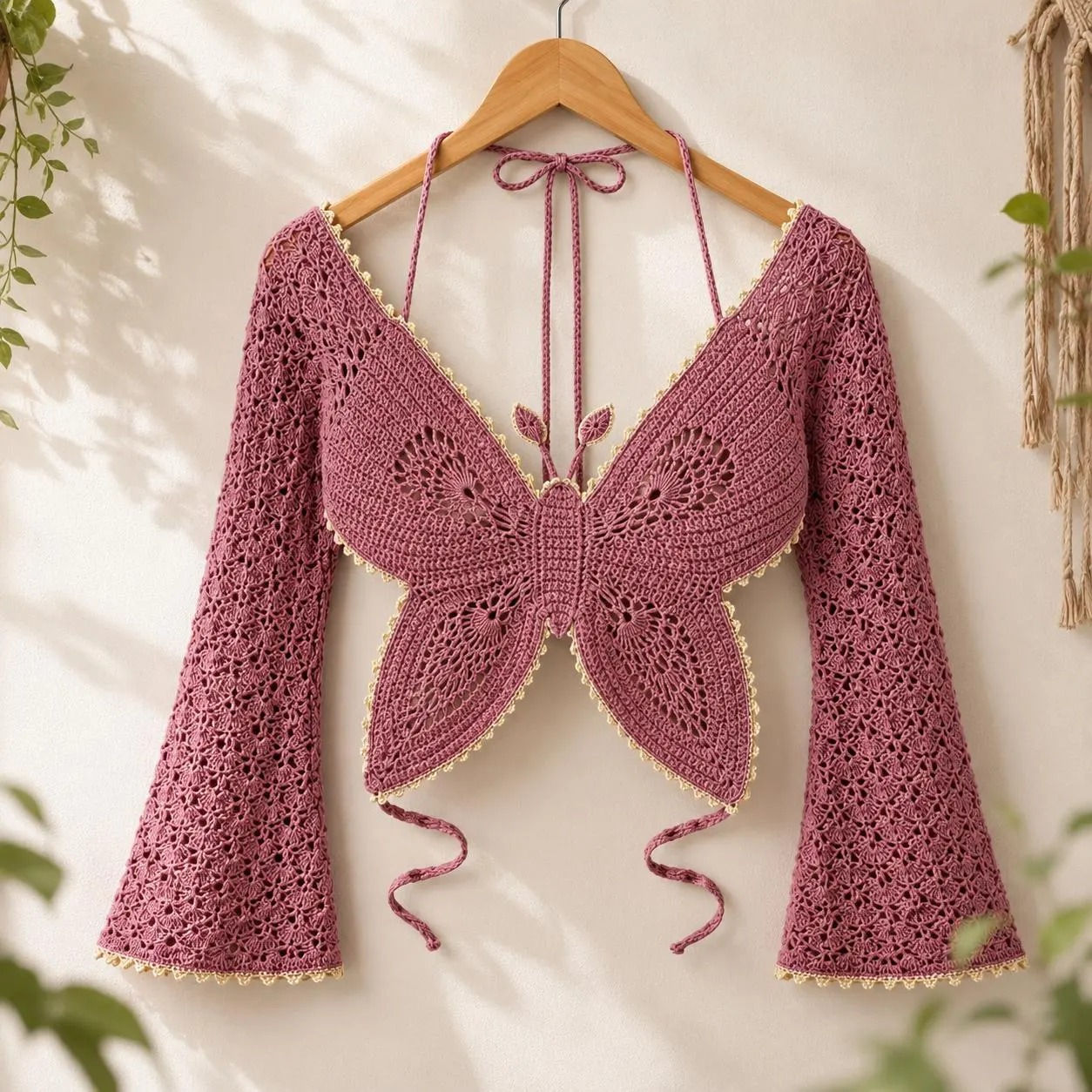 Dusty Rose Butterfly Crochet Top Pattern PDF, Bell Sleeve Lace Crop Top Digital