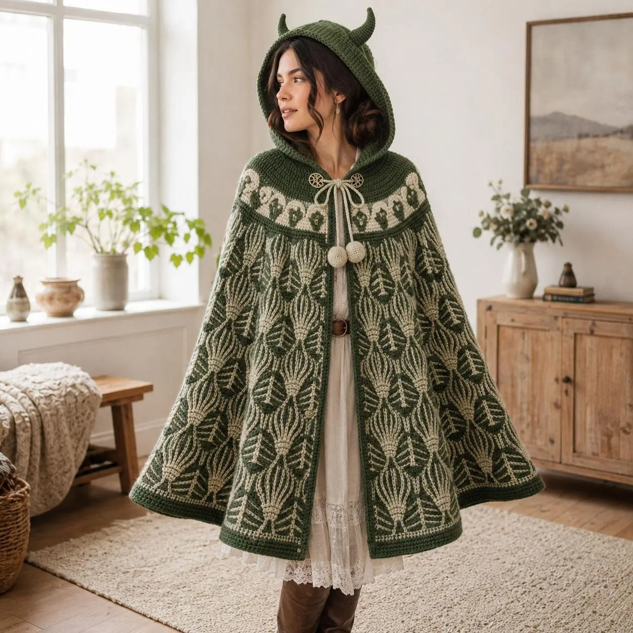 Forest Green Horned Hooded Crochet Cape Pattern, Gothic Woodland Cloak PDF