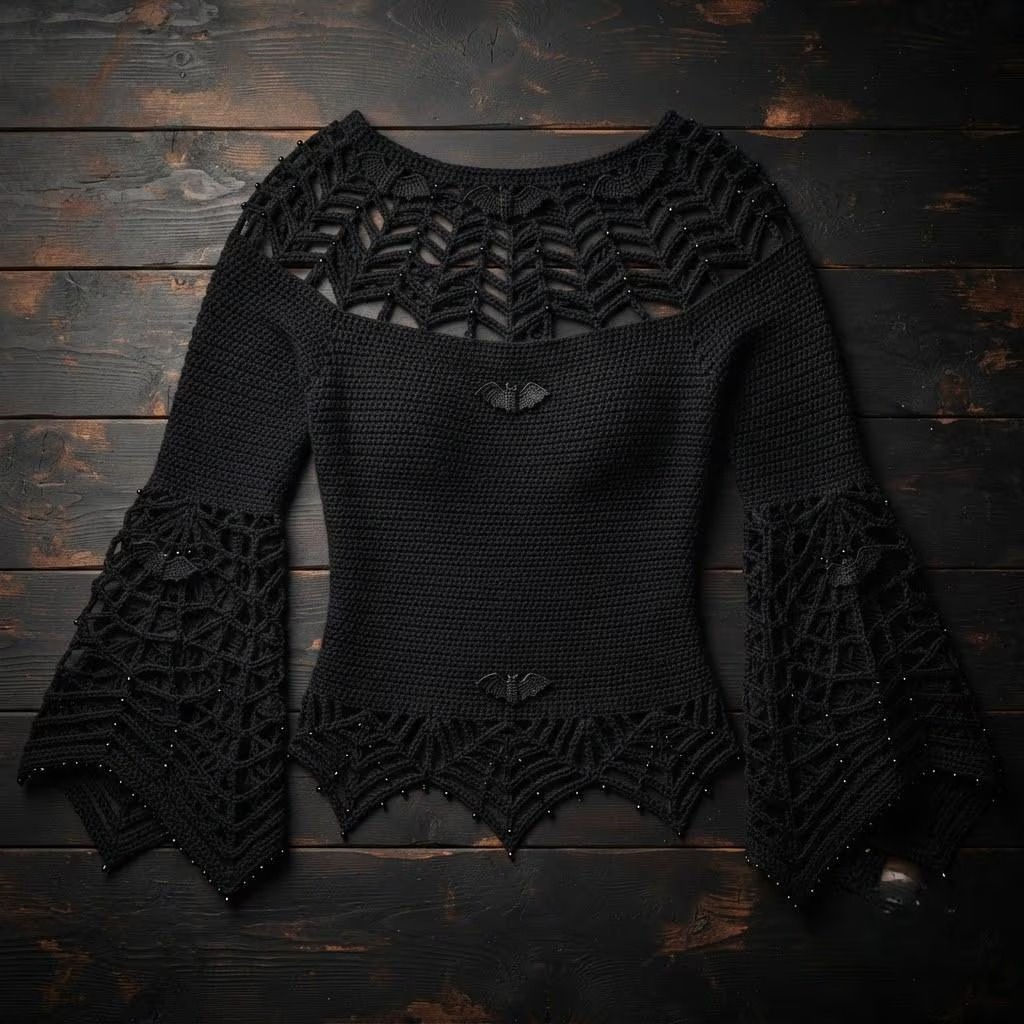 Halloween Spiderweb Crochet Top Pattern PDF, Gothic Bell Sleeve Sweater Tutorial
