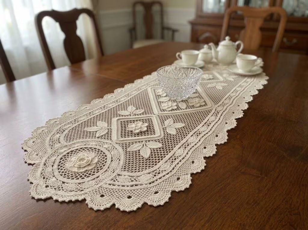 Crochet Lace Table Runner Pattern, Vintage Heirloom Floral Runner, Diamond Lace