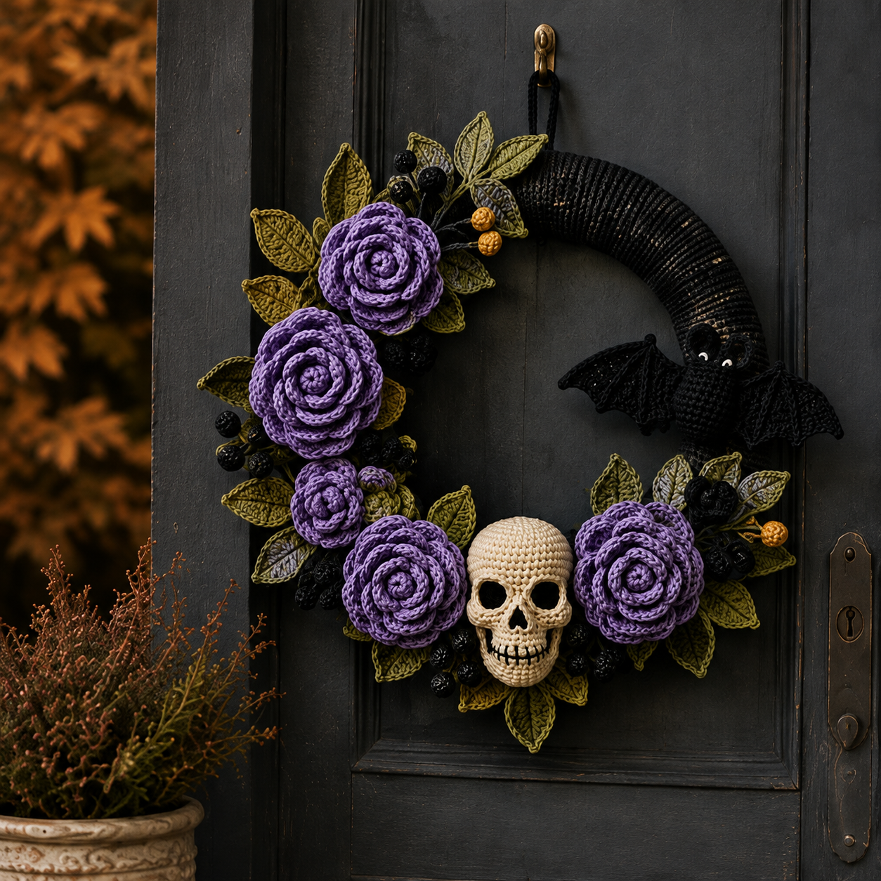 Gothic Crochet Wreath Pattern PDF, Purple Rose Skull Bat Halloween Home Decor