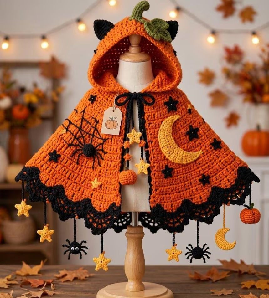 Pumpkin Halloween Crochet Poncho Pattern, Kids Hooded Cape PDF, Spiderweb Lace