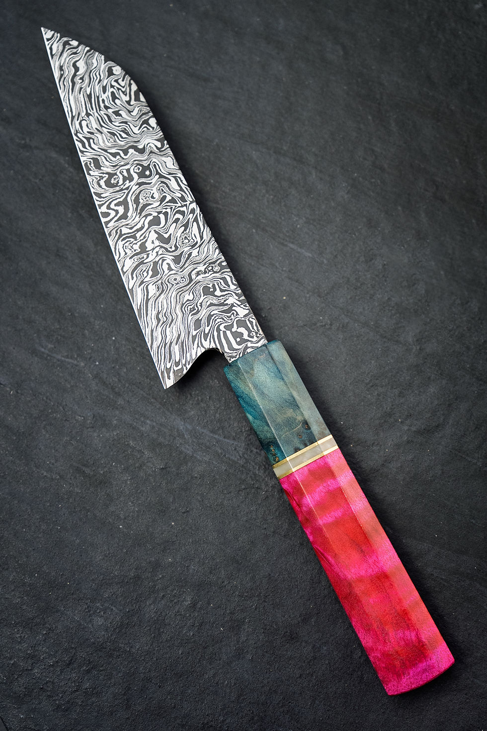 Thumbnail: 6" Mosaic Damascus Mini Bunka Kitchen Knife Left Side