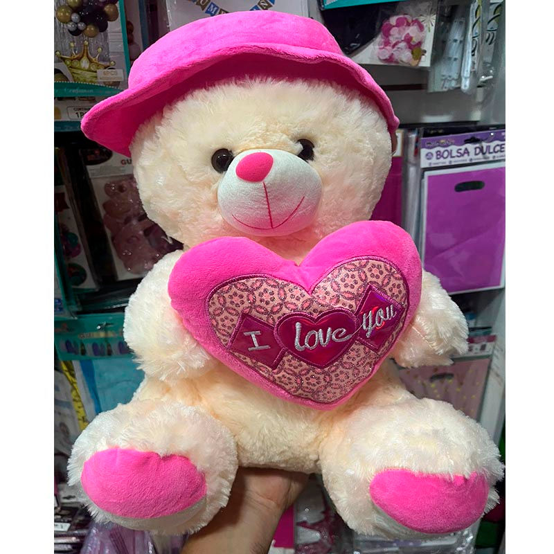 Peluche grande Oso con corazon y sombrero rosado