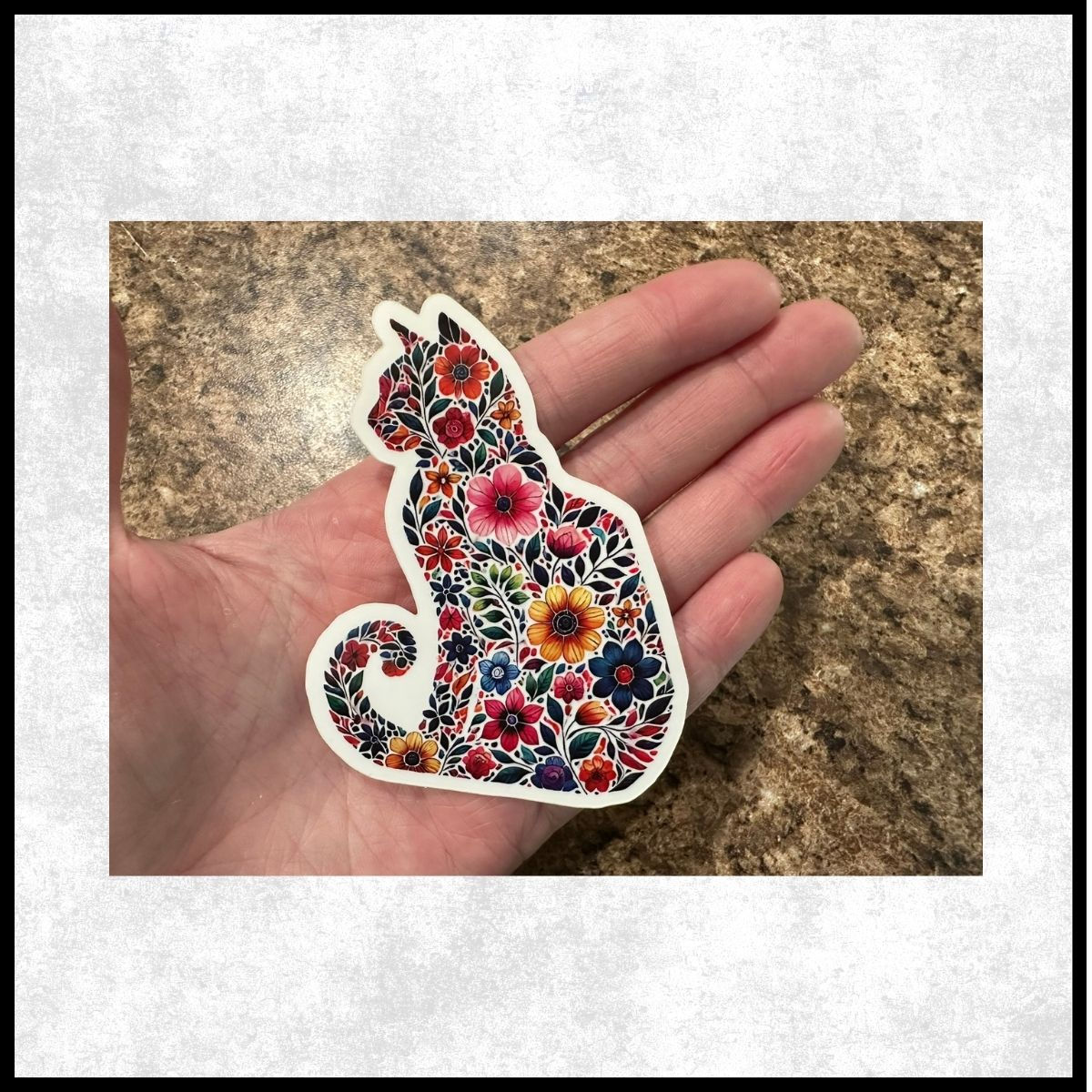 Flower Cat Side View Vinyl Sticker: Water Resistant