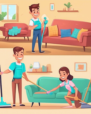 Smiling cartoon guy and girl cleaning living room furniture .jpg