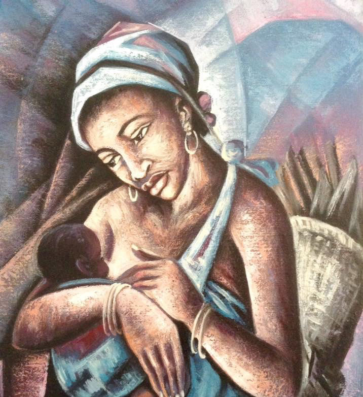 Painting of a mother breastfeeding her baby in Goma, Democratic Republic of Congo, symbolising strength, resilience, and maternal love.