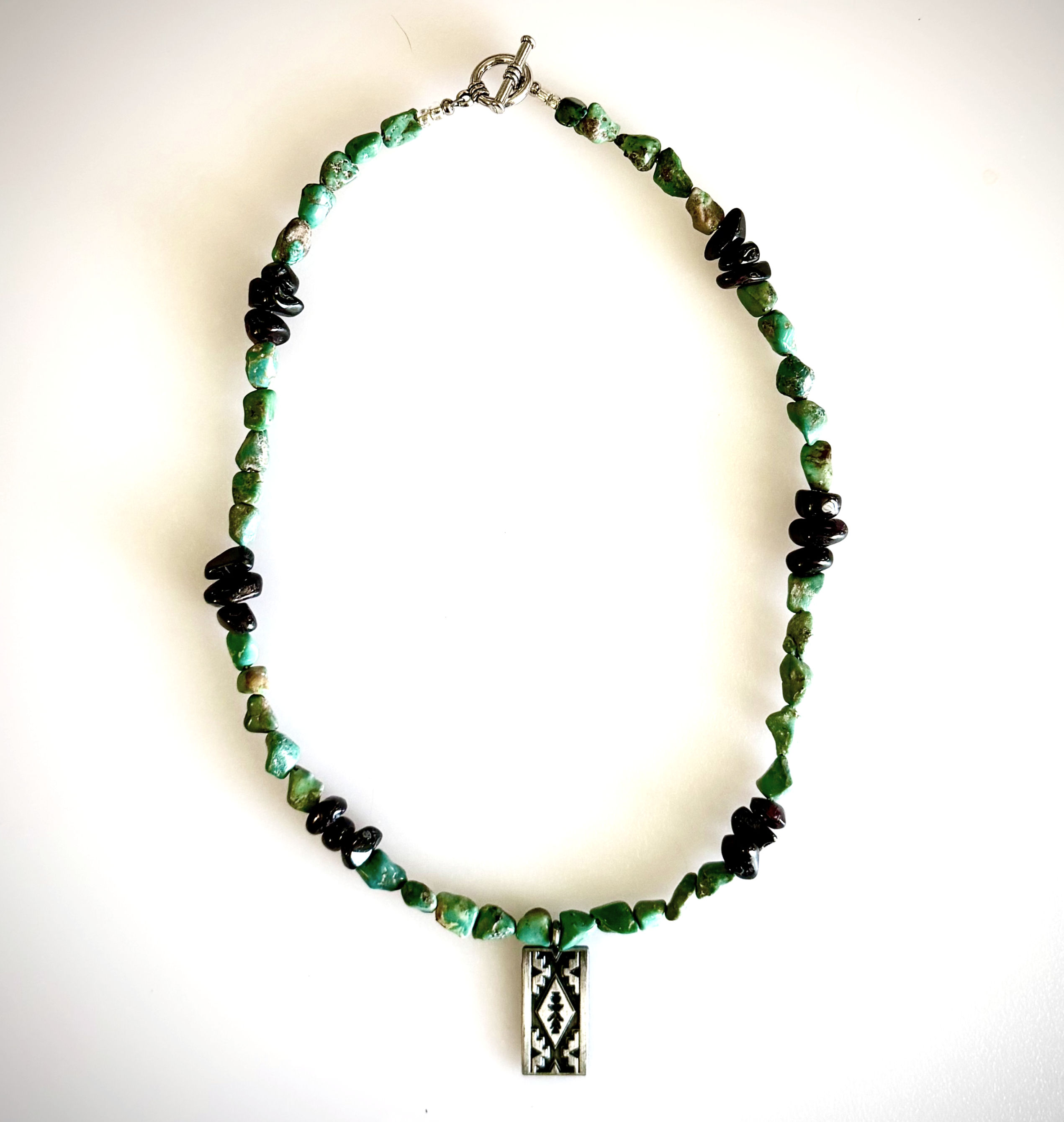 20" Necklace: Genuine Turquoise and Natural Garnets w/ Metal Pendant