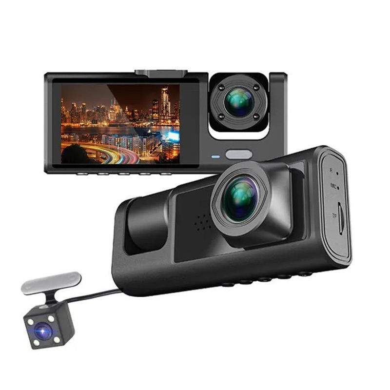 Black dash camera set with front camera, rear camera and display screen, featuring wide-angle lenses and night recording view, shown on a white background.