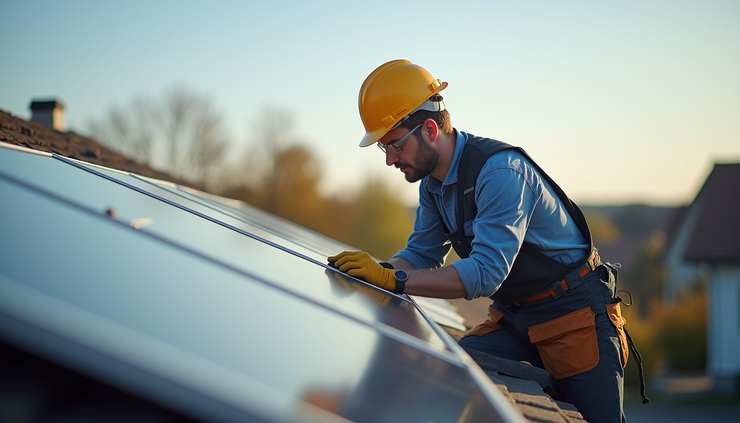 High angle view of a solar technician inspecting solar panels on a residential roof