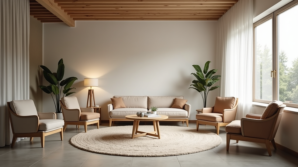 Eye-level view of a serene coaching space with comfortable seating