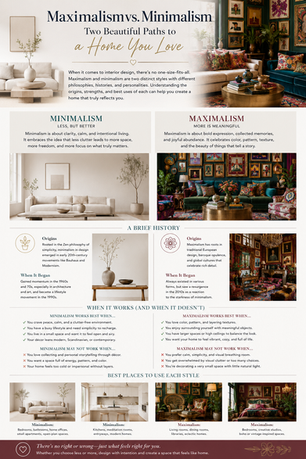 Images showing the differences between Minimalism vs Maximalism in interior design