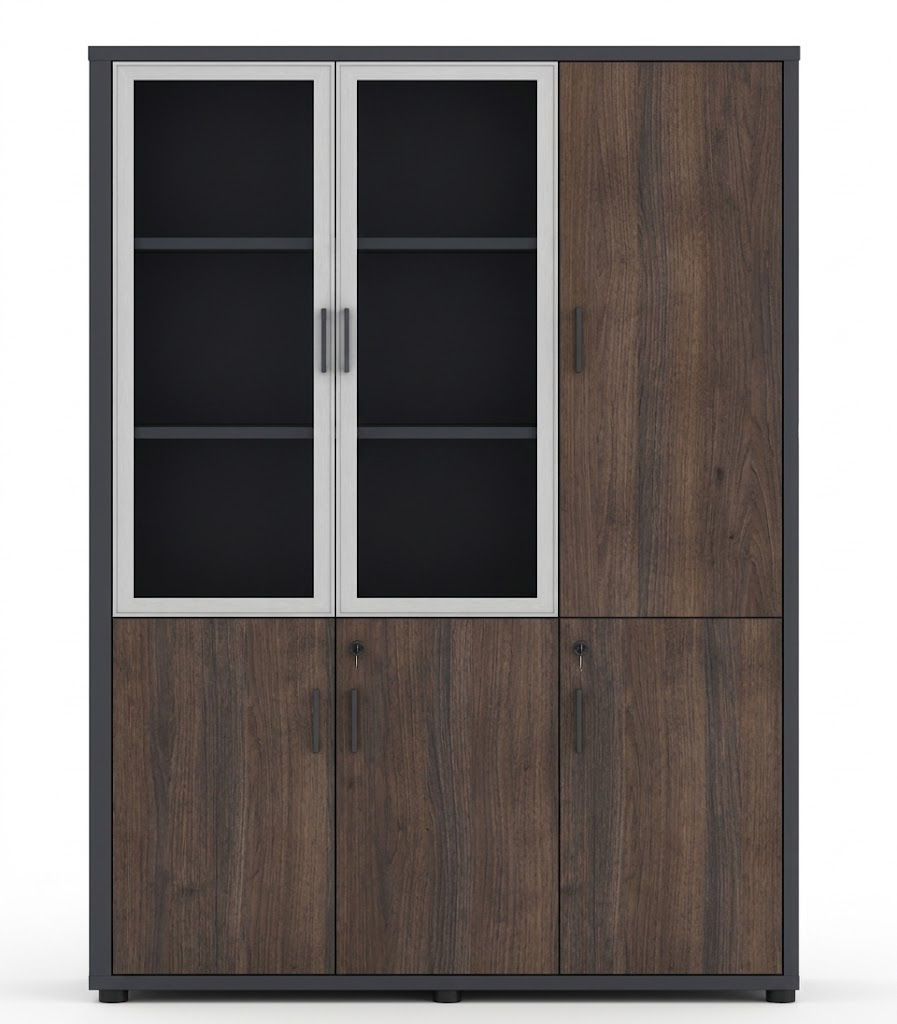 Dark Brown Tall Glass-Top Office Cabinet with Three Doors