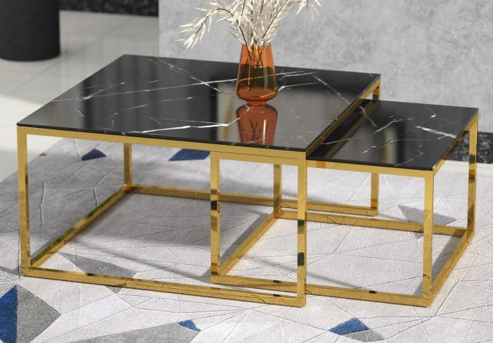 Black Marble-Look & Gold Nesting Coffee Table Set - CS1353