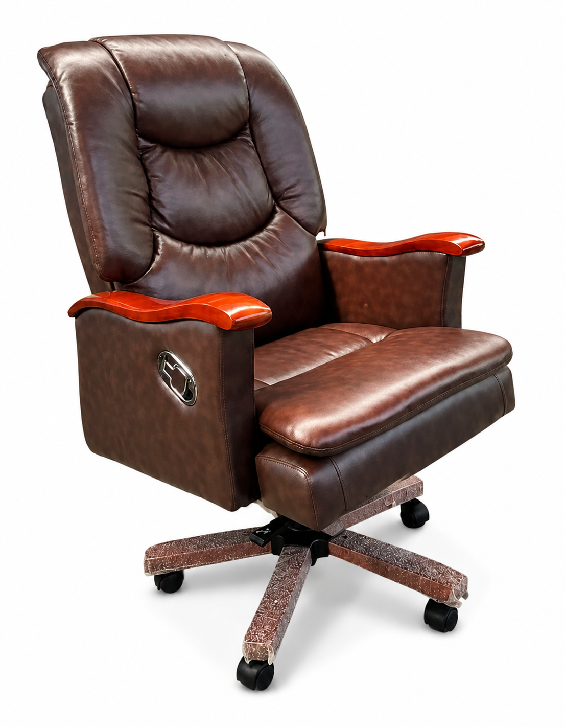 Brown PU Leather High-Back Executive Chair with Wood-Finish Arm Caps
