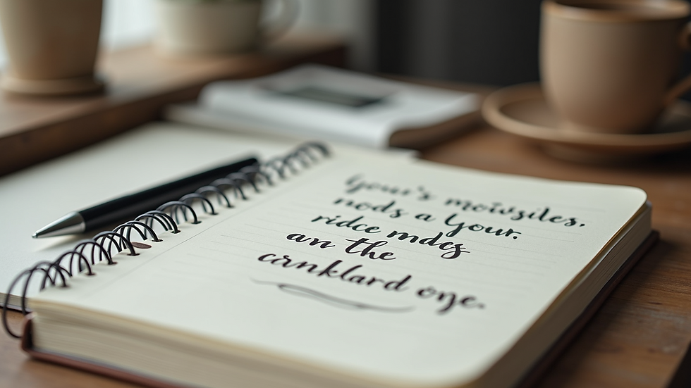 Close-up view of a notebook with motivational quotes and a pen on a wooden desk