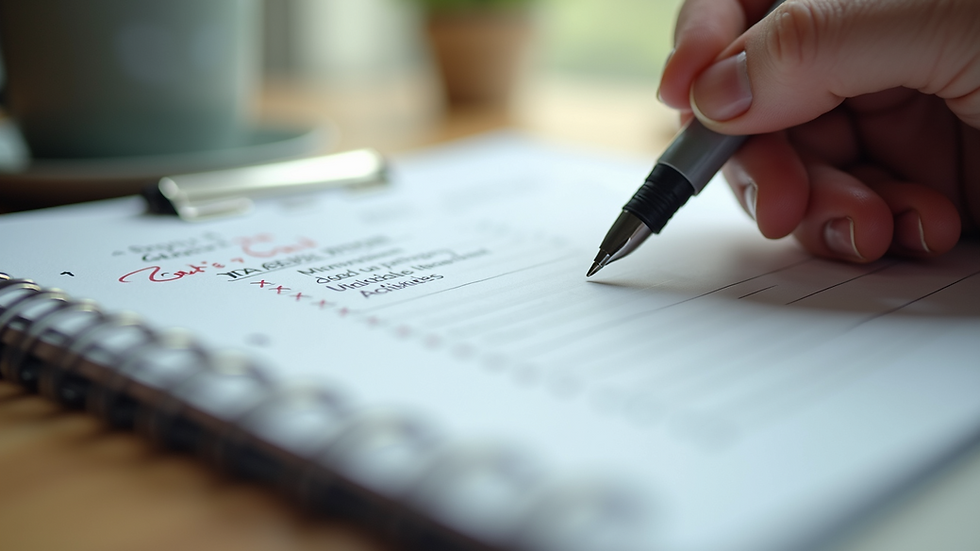 Eye-level view of a planner with a pen and notes on goal setting