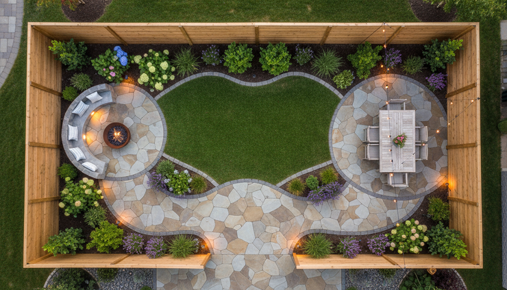 Overhead view of a finished backyard staycation layout with patio, lawn, and planting beds
