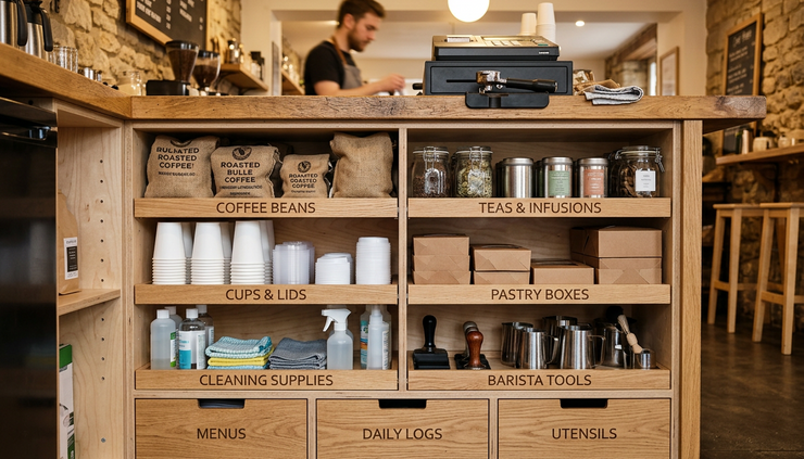 Close-up view of built-in commercial storage under a service counter