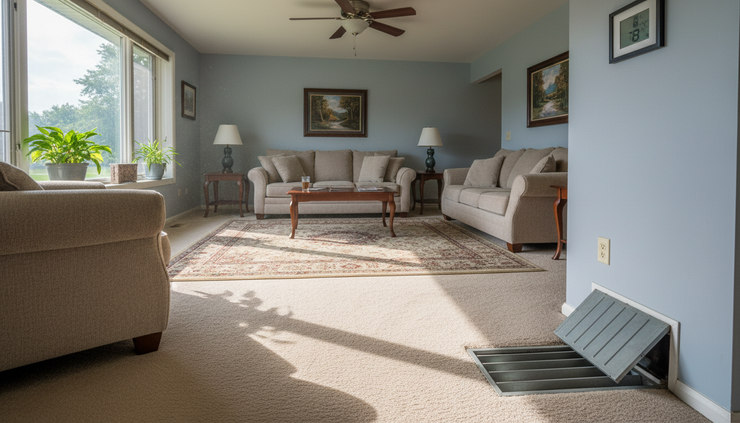 Wide-angle view of a sunny Joliet living room with uneven light and closed air vents.
