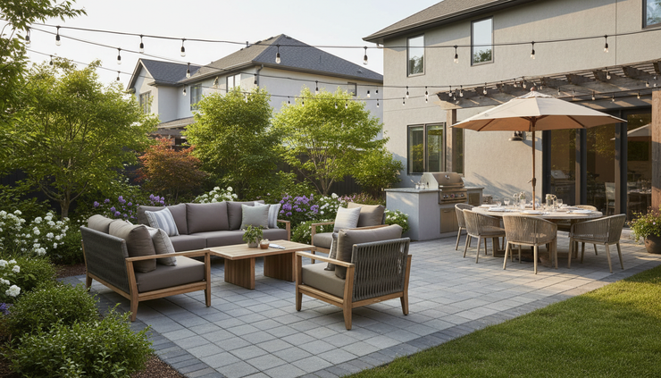 Wide-angle view of a backyard patio with seating, pavers, and layered plants