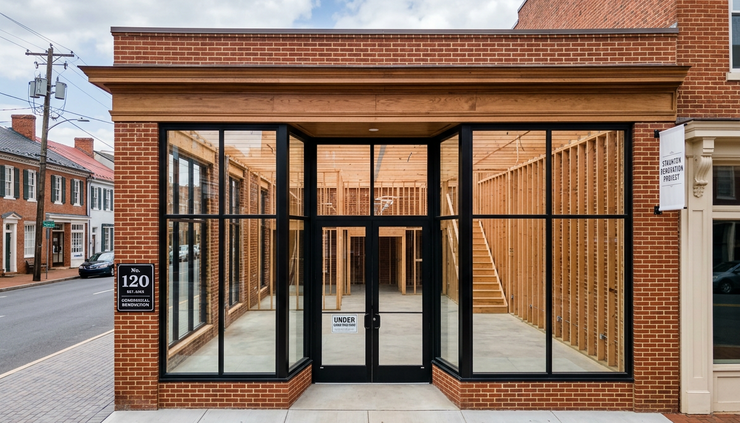 Wide-angle view of a small commercial renovation with new framing and large front windows