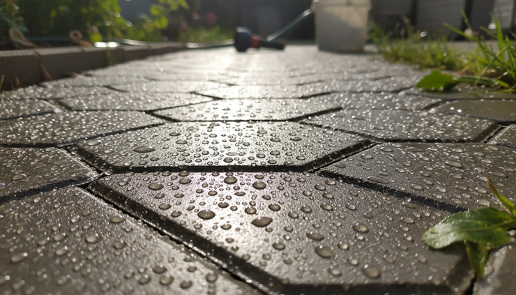 Low-angle view of water beading on sealed patio pavers